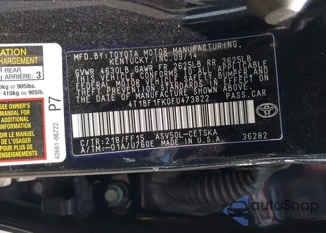 2015 Toyota Camry Se from USA, damaged, VIN 4T1BF1FK0FU473822
